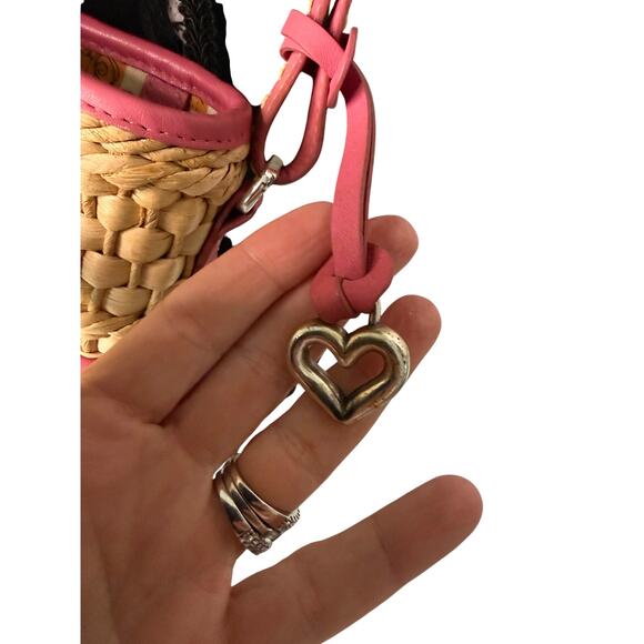 Brighton Tan Woven Straw Crossbody Bag Pink Leather Trim Adjustable StrapSummer - Picture 7 of 7